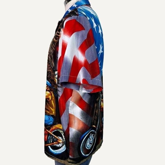 Vintage Patriotic Men Shirt XL Sapphire All Over Print Biker USA Flag Motorcycle - Picture 3 of 6
